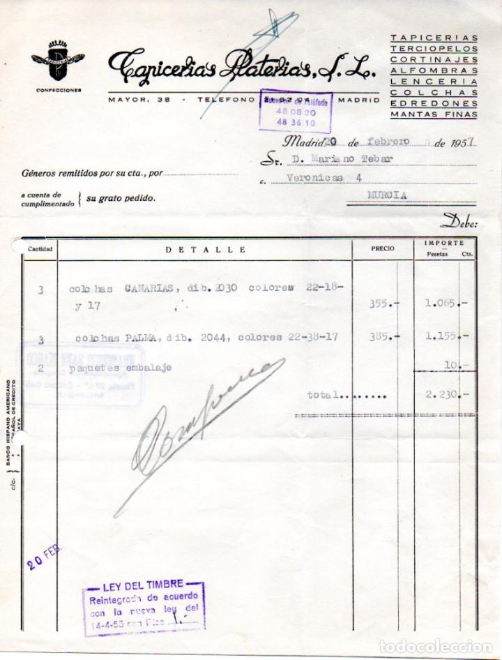 Old Invoices: FACTURA,TAPICERIAS PLATERIAS ,S.L, MADRID, 1957.