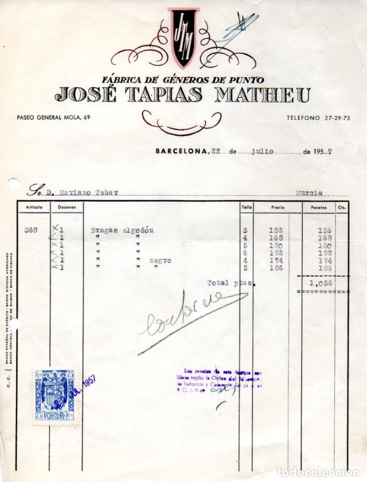 Old Invoices: FACTURA,FABRICA DE GENEROS DE PUNTO JOSE TAPIAS MATHEU, BARCELONA ,1957.