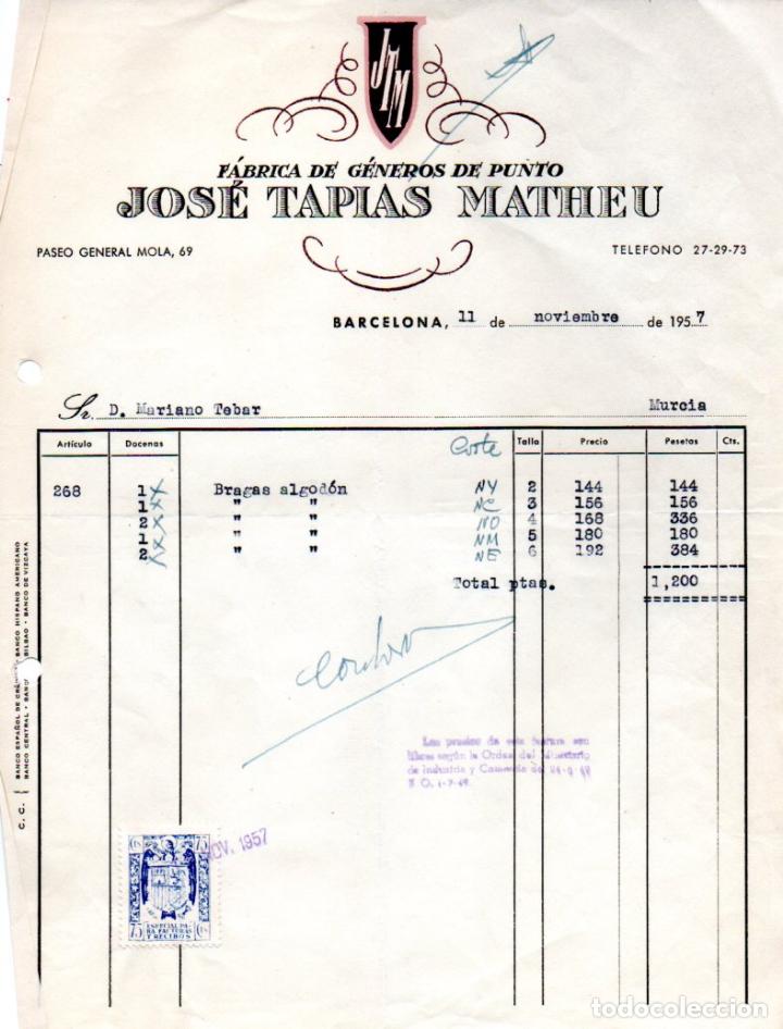 Old Invoices: FACTURA,FABRICA DE GENEROS DE PUNTO JOSE TAPIAS MATHEU, BARCELONA ,1957.