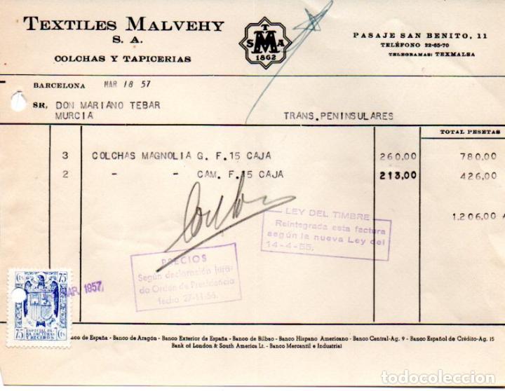Fatture antiche: FACTURA, TEXTILES MALVEHY, S.A. COLCHAS Y TAPICERIAS, BARCELONA ,1957