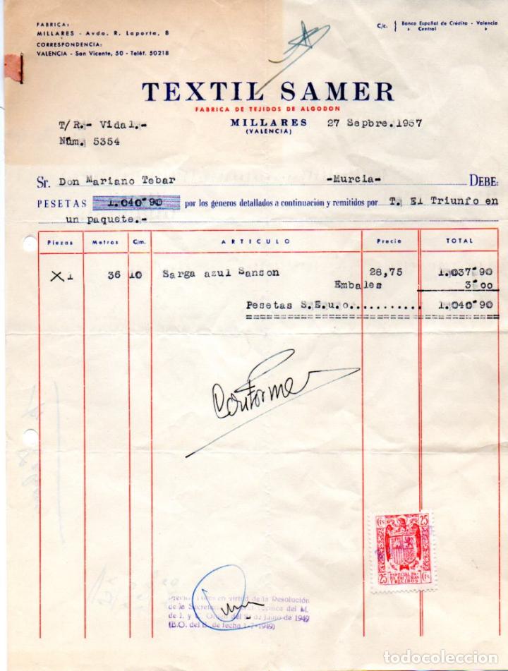Fatture antiche: FACTURA ,TEXTIL SAMER,FABRICA DE TEJIDOS DE ALGODON,1957.