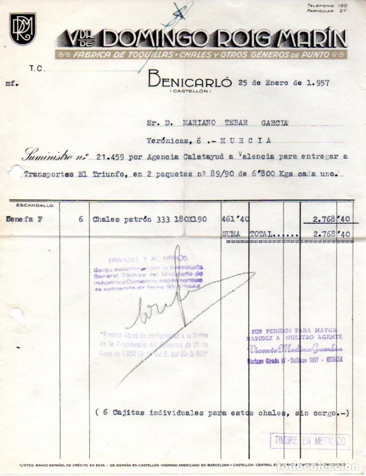 Factures anciennes: FACTURA ,VIUDA DE DOMINGO ROIG MARIN, BENICARLO, CASTELLON, 1957.