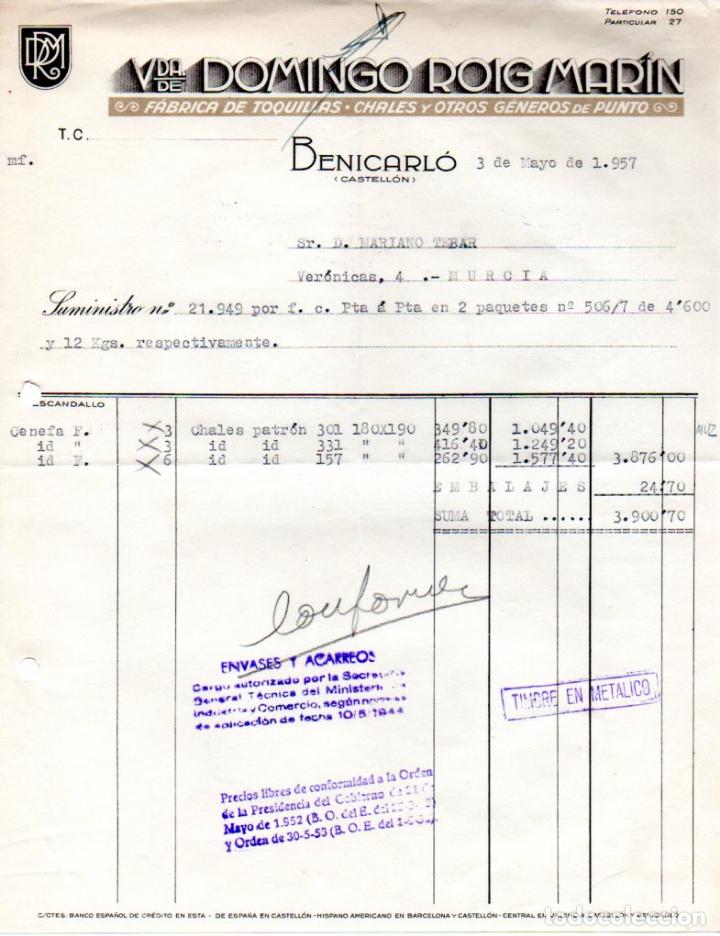 Factures anciennes: FACTURA ,VIUDA DE DOMINGO ROIG MARIN, BENICARLO, CASTELLON, 1957.
