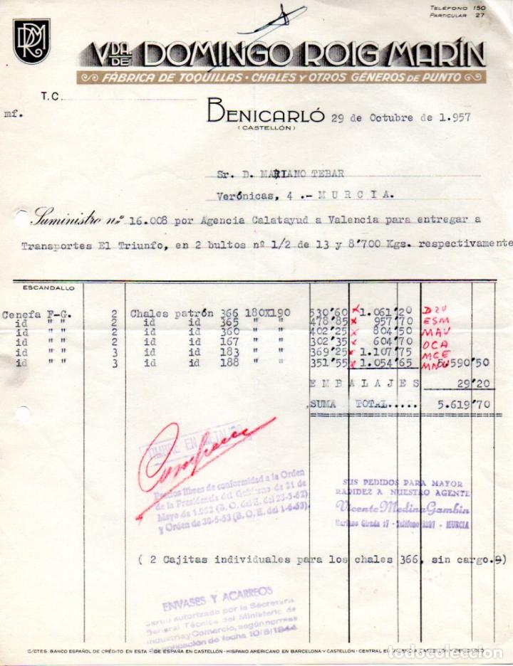 Factures anciennes: FACTURA ,VIUDA DE DOMINGO ROIG MARIN, BENICARLO, CASTELLON, 1957.