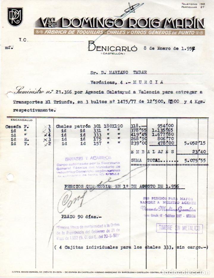 Factures anciennes: FACTURA ,VIUDA DE DOMINGO ROIG MARIN, BENICARLO, CASTELLON, 1957.