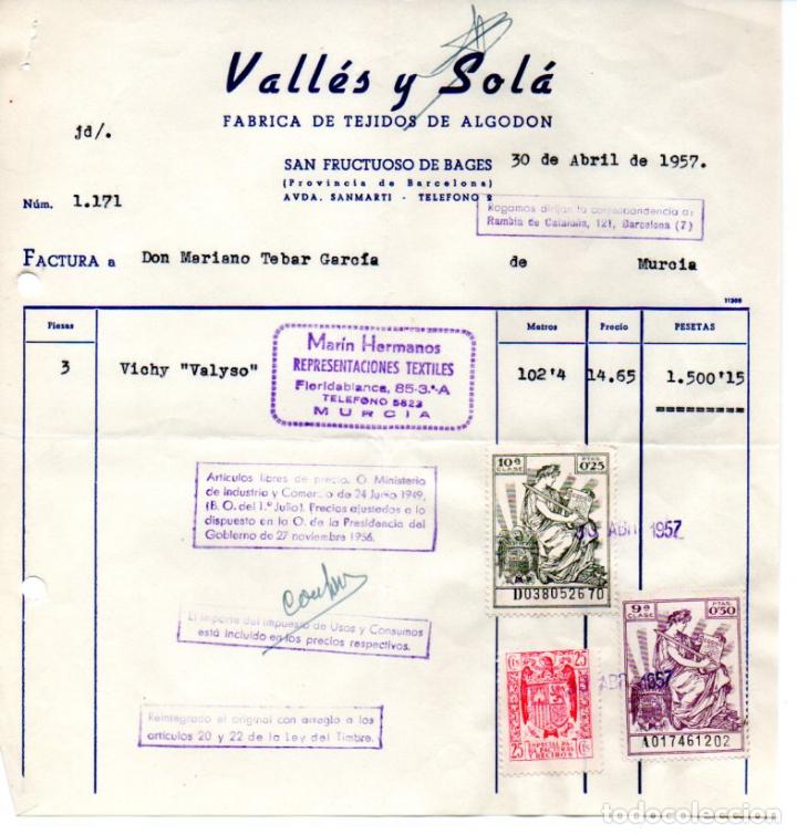 Factures anciennes: FACTURA ,VALLES Y SOLA ,FABRICA DE TEJIDOS DE ALGODON, BARCELONA, 1957.
