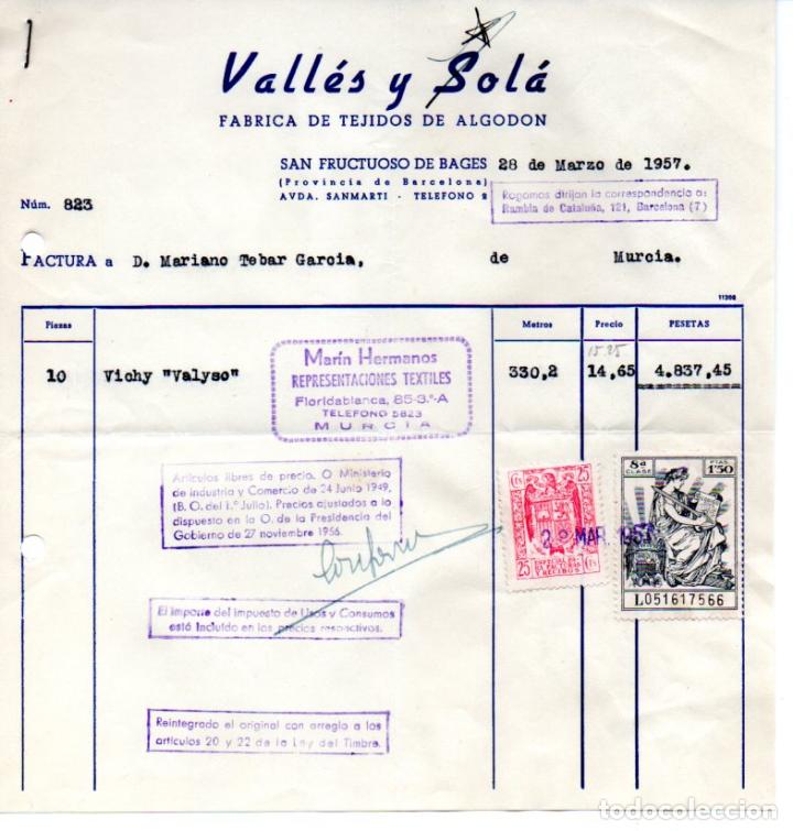 Factures anciennes: FACTURA ,VALLES Y SOLA ,FABRICA DE TEJIDOS DE ALGODON, BARCELONA, 1957.