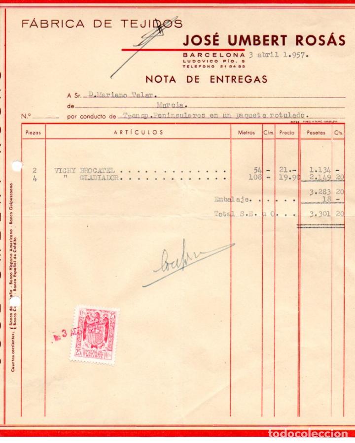 Factures anciennes: FACTURA ,JOSE UMBER ROSAS,FABRICA DE TEJIDOS, BARCELONA, 1957.