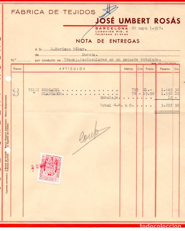 Factures anciennes: FACTURA ,JOSE UMBER ROSAS,FABRICA DE TEJIDOS, BARCELONA, 1957.