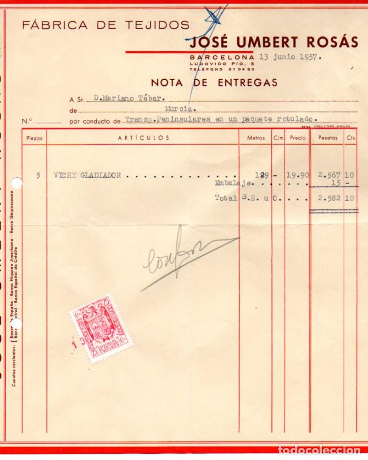 Factures anciennes: FACTURA ,JOSE UMBER ROSAS,FABRICA DE TEJIDOS, BARCELONA, 1957.