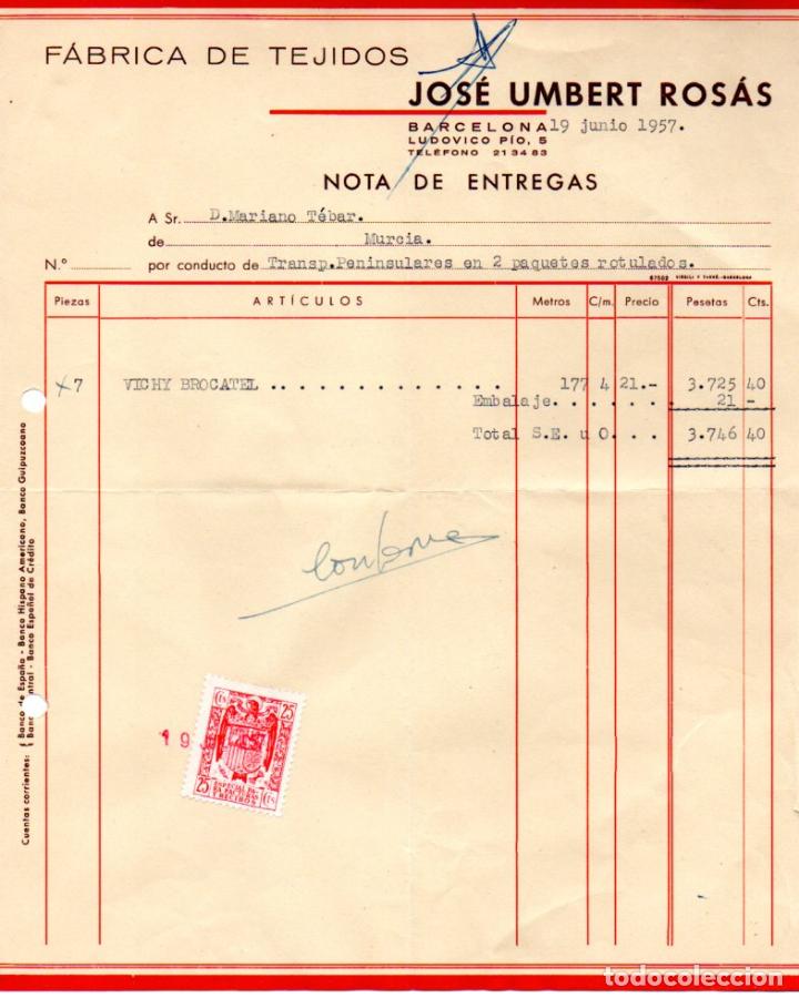Factures anciennes: FACTURA ,JOSE UMBER ROSAS,FABRICA DE TEJIDOS, BARCELONA, 1957.