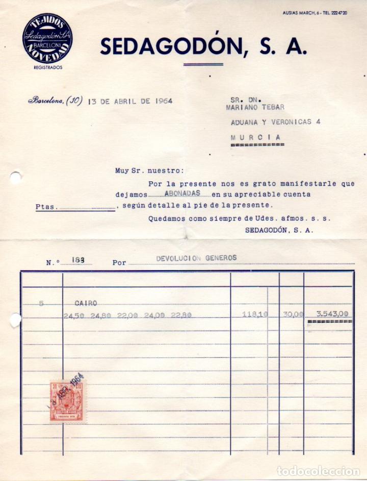 Factures anciennes: FACTURA ,SEDAGODON,S.A,, BARCELONA, 1964.
