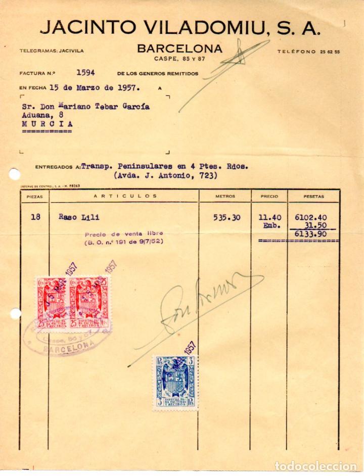 Factures anciennes: FACTURA ,JACINTO VILADOMIU,S.A. BARCELONA, 1957.