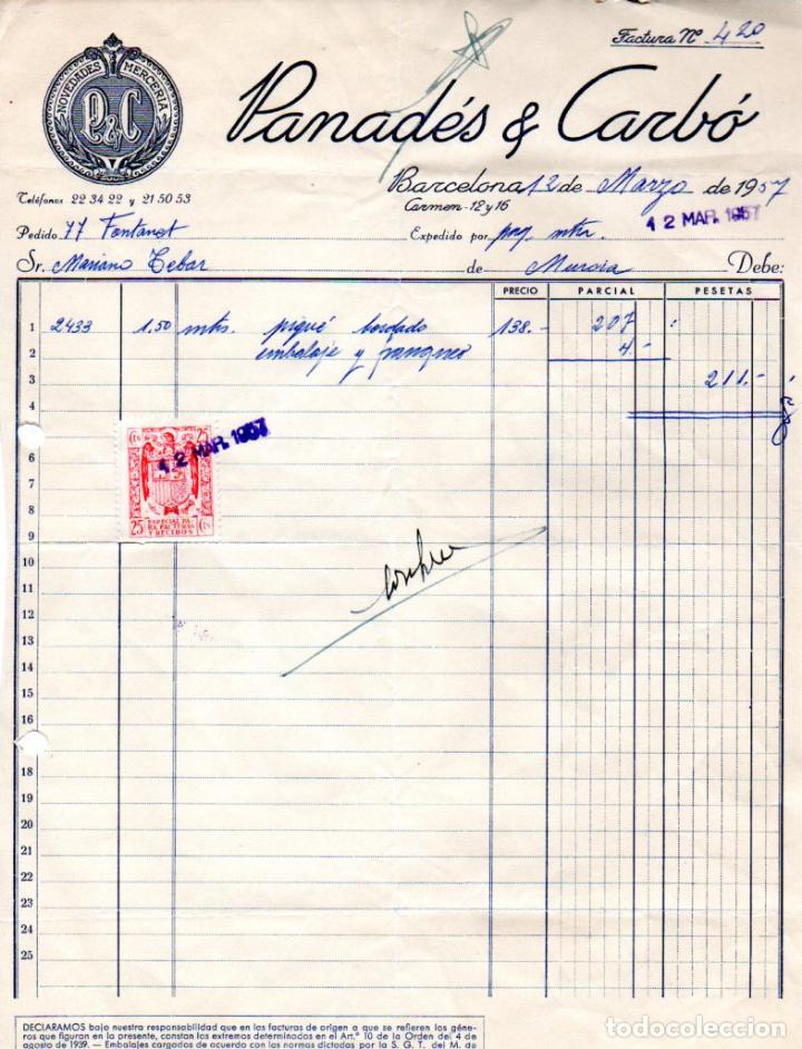 Factures anciennes: FACTURA ,PANADES & CARBO. BARCELONA, 1957.