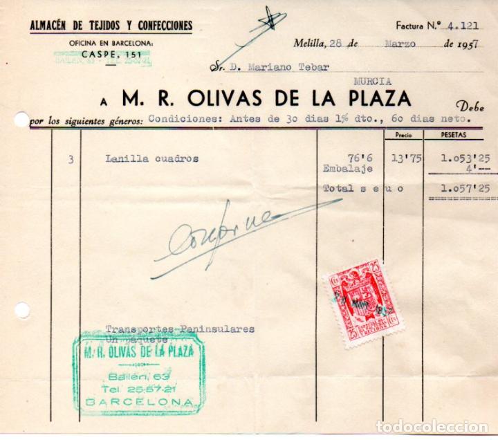 Factures anciennes: FACTURA , M.R. OLIVAS DE LA PLAZA,ALMACEN DE TEJIDOS Y CONFECCIONES,MELILLA, 1957.