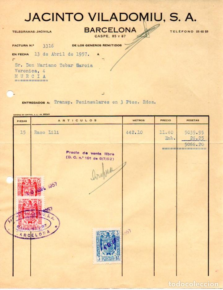 Factures anciennes: FACTURA ,JACINTO VILADOMIU, S.A., BARCELONA ,1957.