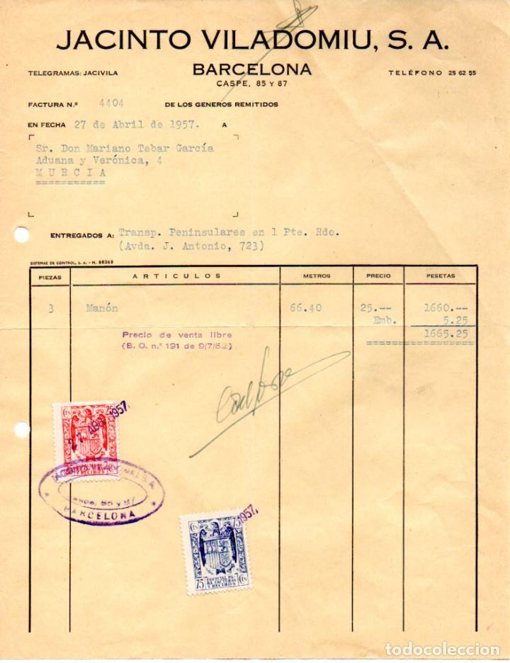 Factures anciennes: FACTURA ,JACINTO VILADOMIU, S.A., BARCELONA ,1957.