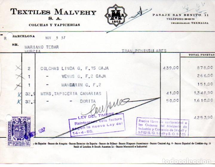 Factures anciennes: FACTURA ,TEXTILES MALVEHY,S.A. COLCHAS Y TAPICERIAS, BARCELONA ,1957.