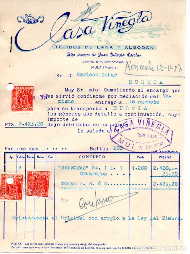 Factures anciennes: FACTURA ,CASA VI&Ntilde;EGLA , TEJIDOS DE LANA Y ALGODON, MURCIA ,1957.