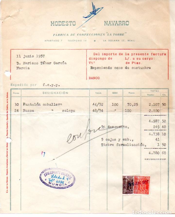 Factures anciennes: FACTURA ,MODESTO NAVARRO, FABRICA DE CONFECCIONES LA TORRE ,LA SOLANA ,CIUDAD REAL ,1957.