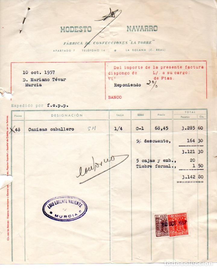 Factures anciennes: FACTURA ,MODESTO NAVARRO, FABRICA DE CONFECCIONES LA TORRE ,LA SOLANA ,CIUDAD REAL ,1957.