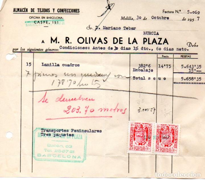Factures anciennes: FACTURA ,M.R.OLIVAS DE LA PLAZA,ALMACEN DE TEJIDOS Y CONFECCIONES,MELILLA,1957.