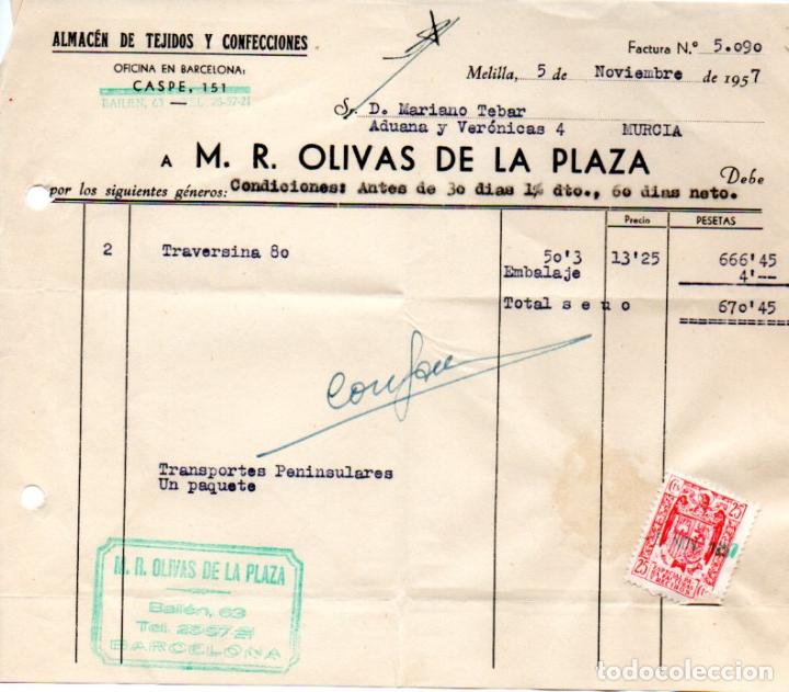 Factures anciennes: FACTURA ,M.R.OLIVAS DE LA PLAZA,ALMACEN DE TEJIDOS Y CONFECCIONES,MELILLA ,1957.