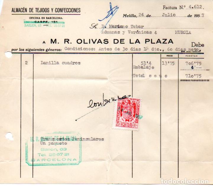 Factures anciennes: FACTURA ,M.R.OLIVAS DE LA PLAZA,ALMACEN DE TEJIDOS Y CONFECCIONES,MELILLA ,1957.