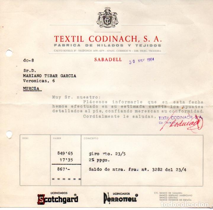Factures anciennes: FACTURA ,TEXTIL CODINACH,S.A,SABADELL ,1964.