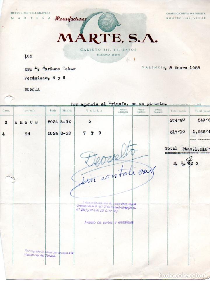 Factures anciennes: FACTURA ,MANUFACTURAS MARTES ,S.A. VALENCIA ,1958.