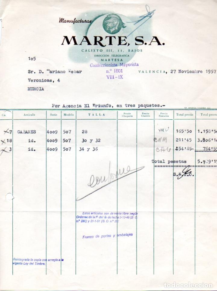 Factures anciennes: FACTURA ,MANUFACTURAS MARTES ,S.A. VALENCIA ,1958.