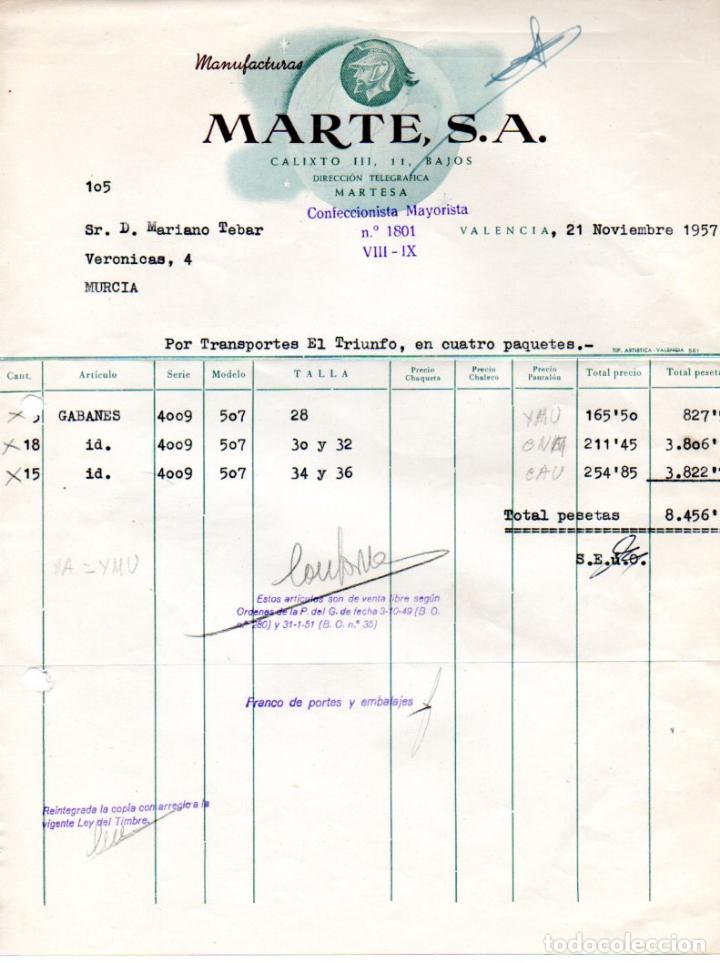 Factures anciennes: FACTURA ,MANUFACTURAS MARTES ,S.A. VALENCIA ,1958.