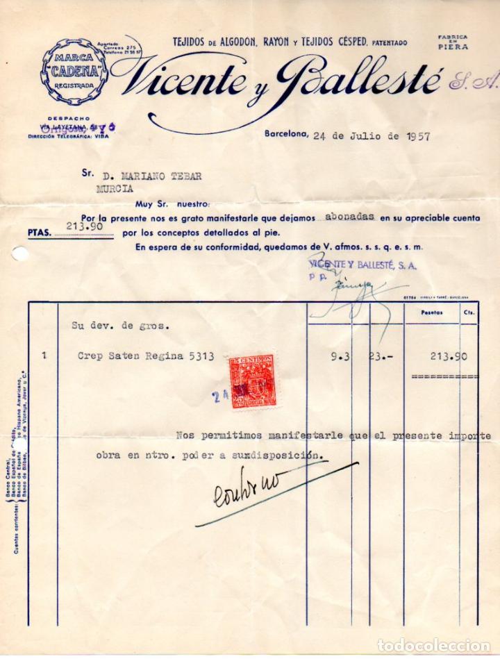 Factures anciennes: FACTURA ,VICENTE Y BALLESTE, S.A. BARCELONA ,1957.