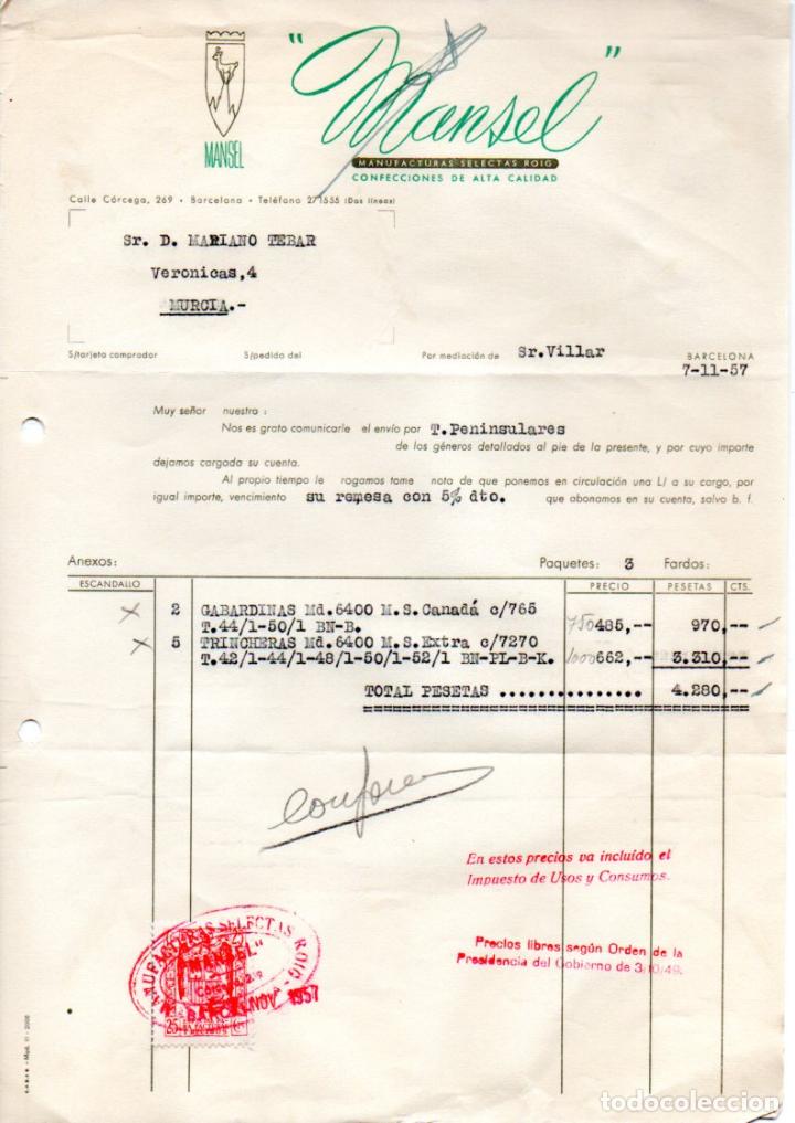 Factures anciennes: FACTURA ,MANSEL ,MANUFACTURAS SELECTAS ROIG, BARCELONA ,1957.