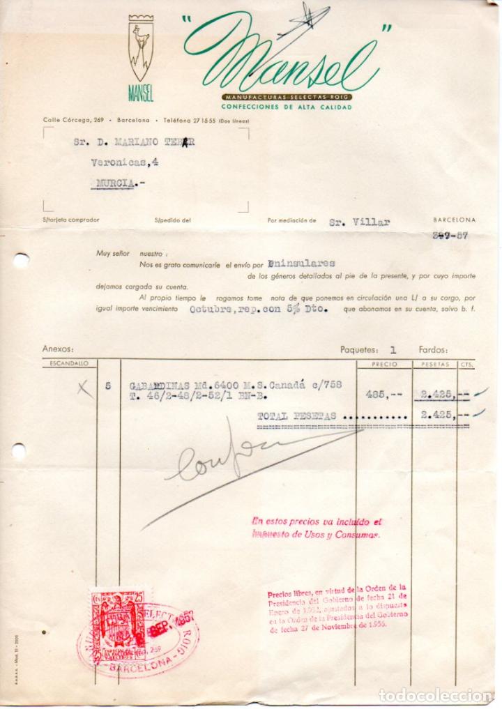 Factures anciennes: FACTURA ,MANSEL ,MANUFACTURAS SELECTAS ROIG, BARCELONA ,1957.
