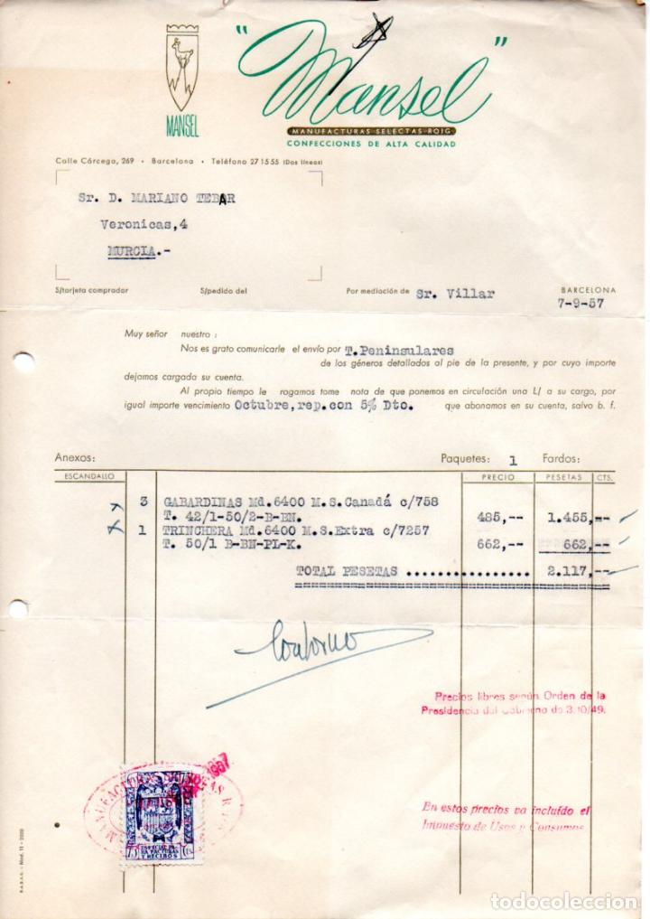 Factures anciennes: FACTURA ,MANSEL ,MANUFACTURAS SELECTAS ROIG, BARCELONA ,1957.