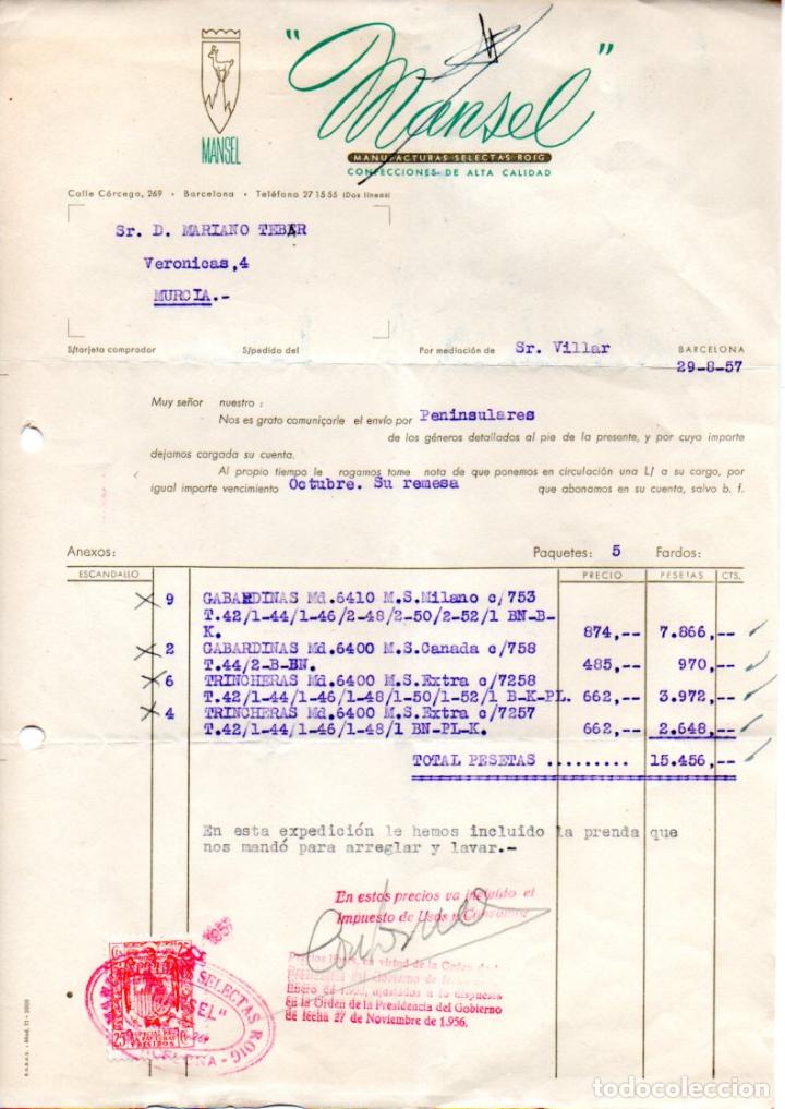 Factures anciennes: FACTURA ,MANSEL ,MANUFACTURAS SELECTAS ROIG, BARCELONA ,1957.