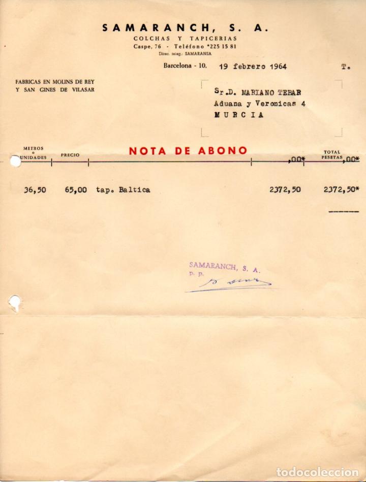 Old Invoices: FACTURA ,SAMARANCH,S.A, COLCHAS Y TAPICERIAS,BARCELONA ,1964.