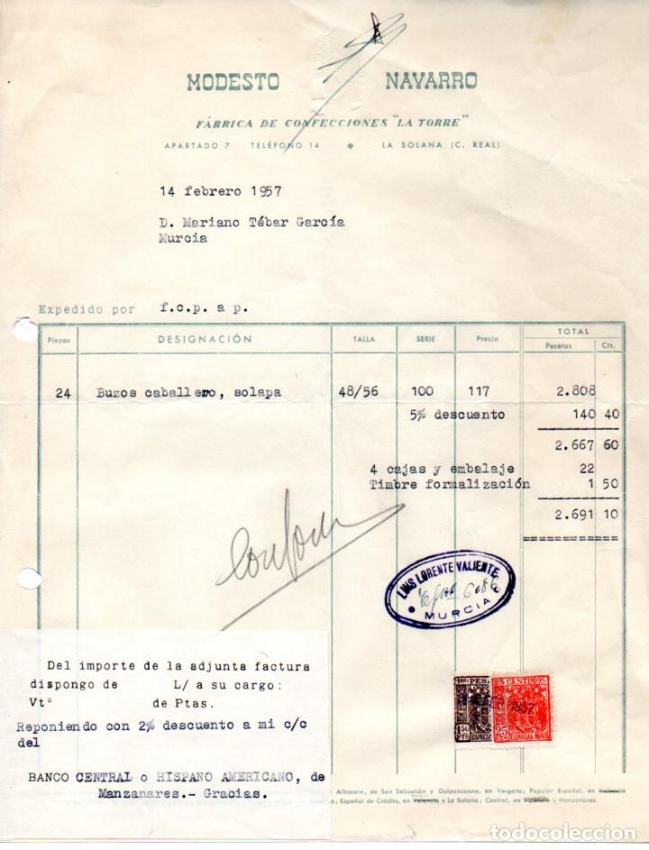 Factures anciennes: FACTURA ,MODESTO NAVARRO, FABRICA DE CONFECCIONES LA TORRE,LA SOLANA ,CIUDAD REAL, 1957.