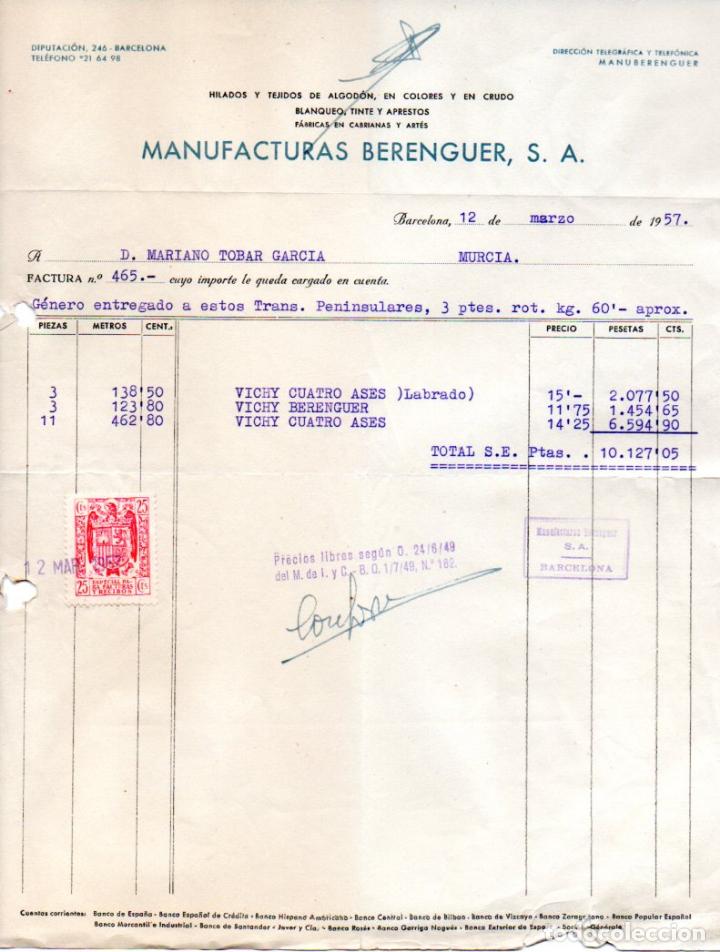 Factures anciennes: FACTURA ,MANUFACTURAS BERENGUER, S.A, BARCELONA, 1957.