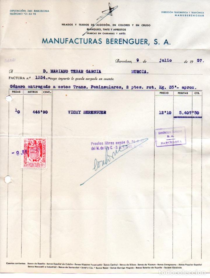 Factures anciennes: FACTURA ,MANUFACTURAS BERENGUER, S.A, BARCELONA, 1957.