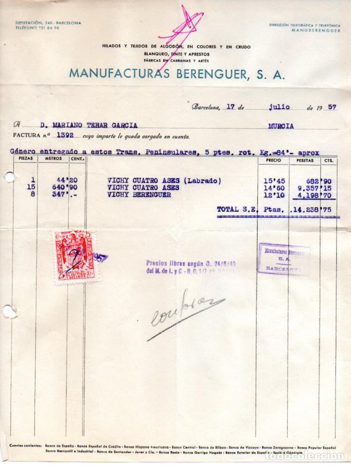 Factures anciennes: FACTURA ,MANUFACTURAS BERENGUER, S.A, BARCELONA, 1957.