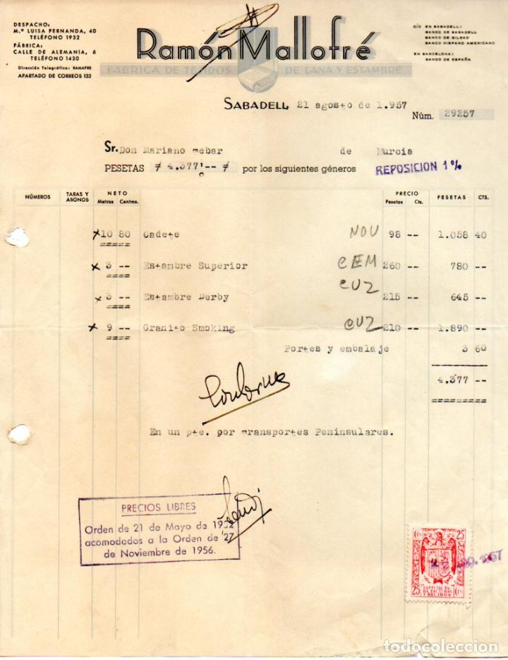 Factures anciennes: FACTURA ,RAMON MALLOFRE,FABRICA DE TEJIDOS DE LANA Y ESTAMBRE,SABADELL,1957.