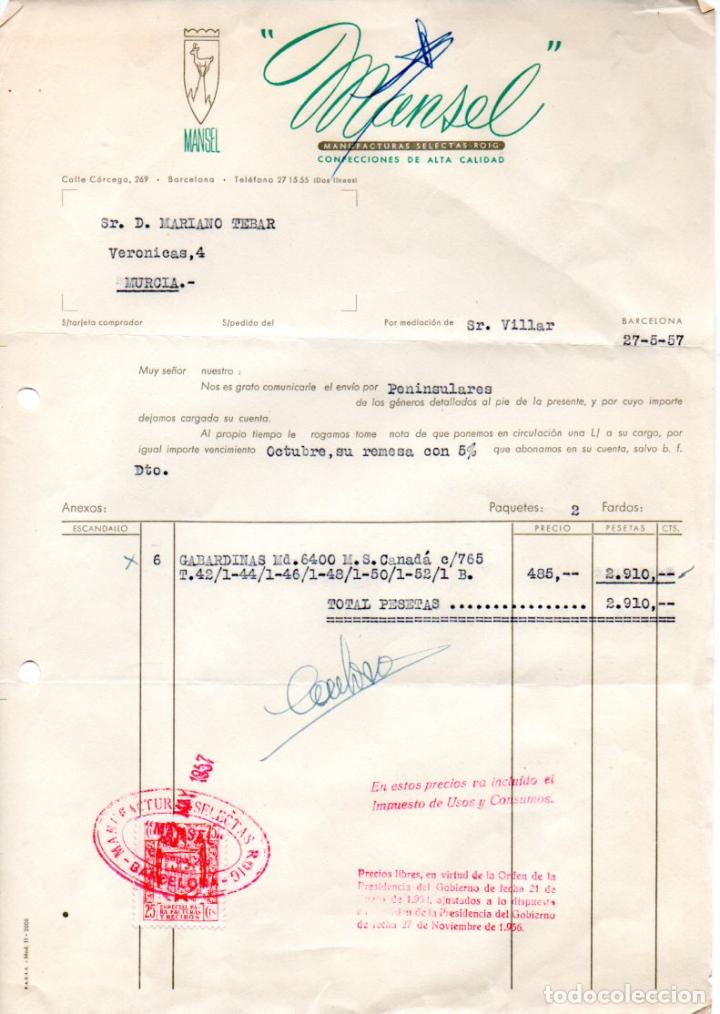 Factures anciennes: FACTURA ,MANSEL, MANUFACTURAS SELECTAS ROIG ,BARCELONA ,1957.