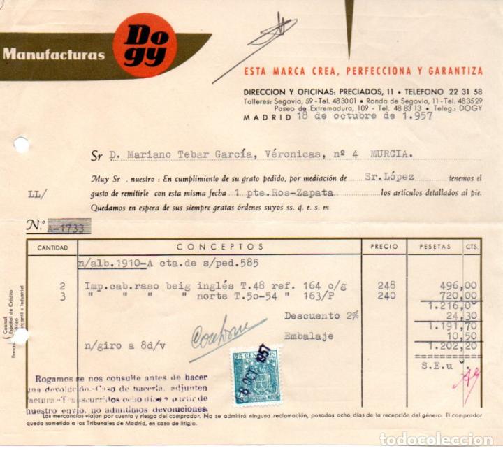 Factures anciennes: FACTURA , MANUFACTURAS DOGY,MADRID ,1957.