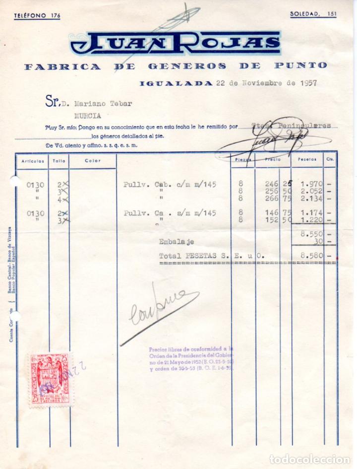 Factures anciennes: FACTURA ,JUAN ROJAS ,FABRICA DE GENEROS DE PUNTO, 1957.
