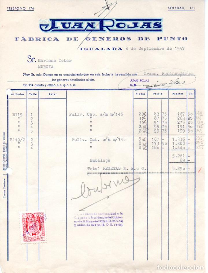 Factures anciennes: FACTURA ,JUAN ROJAS ,FABRICA DE GENEROS DE PUNTO, 1957.