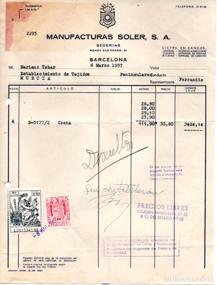 Factures anciennes: FACTURA ,MANUFACTURAS SOLER, S.A. BARCELONA, 1957.