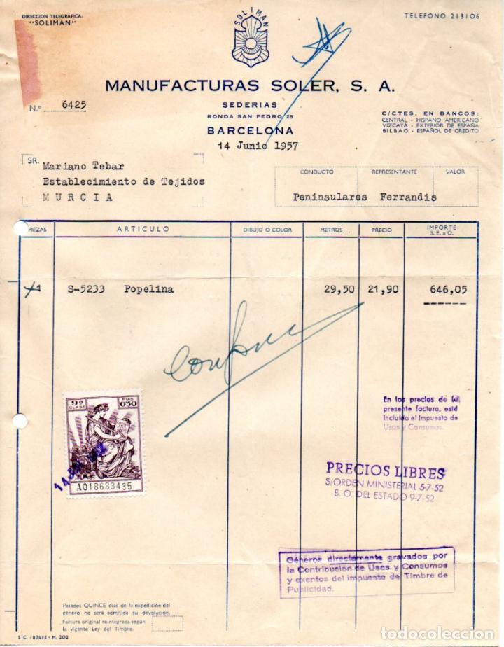 Factures anciennes: FACTURA ,MANUFACTURAS SOLER, S.A. BARCELONA ,1957.