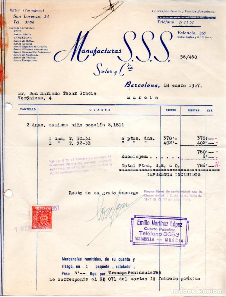 Factures anciennes: FACTURA,  MANUFACTURAS S.S.S. SOLER Y CIA, BARCELONA ,1957.